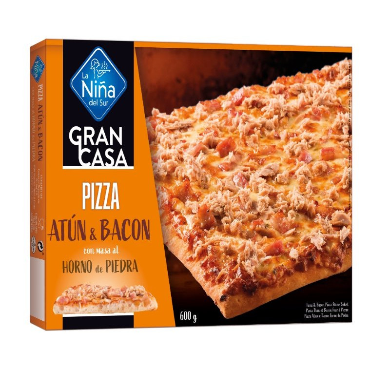 Pizza rectangular Atún y Bacon 600gr.