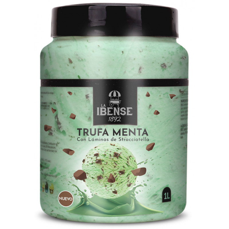 Bote Helado Trufa Menta 1L. con láminas de stracciatella de La Ibense. Bote Helado Trufa Menta 1L. con láminas de stracciatella de La Ibense.